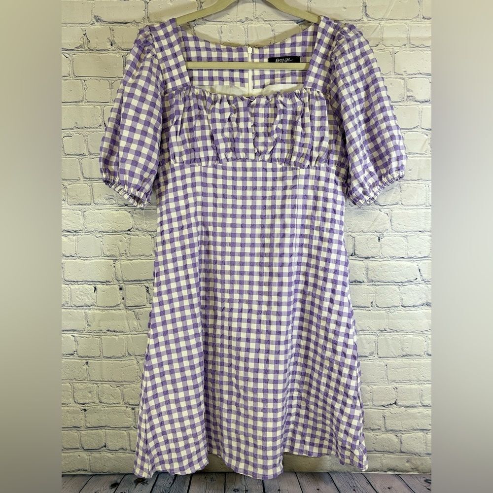 Nasty Gal Purple White Gingham Ruched Bust Puff Sleeve Cottagecore Mini Dress S